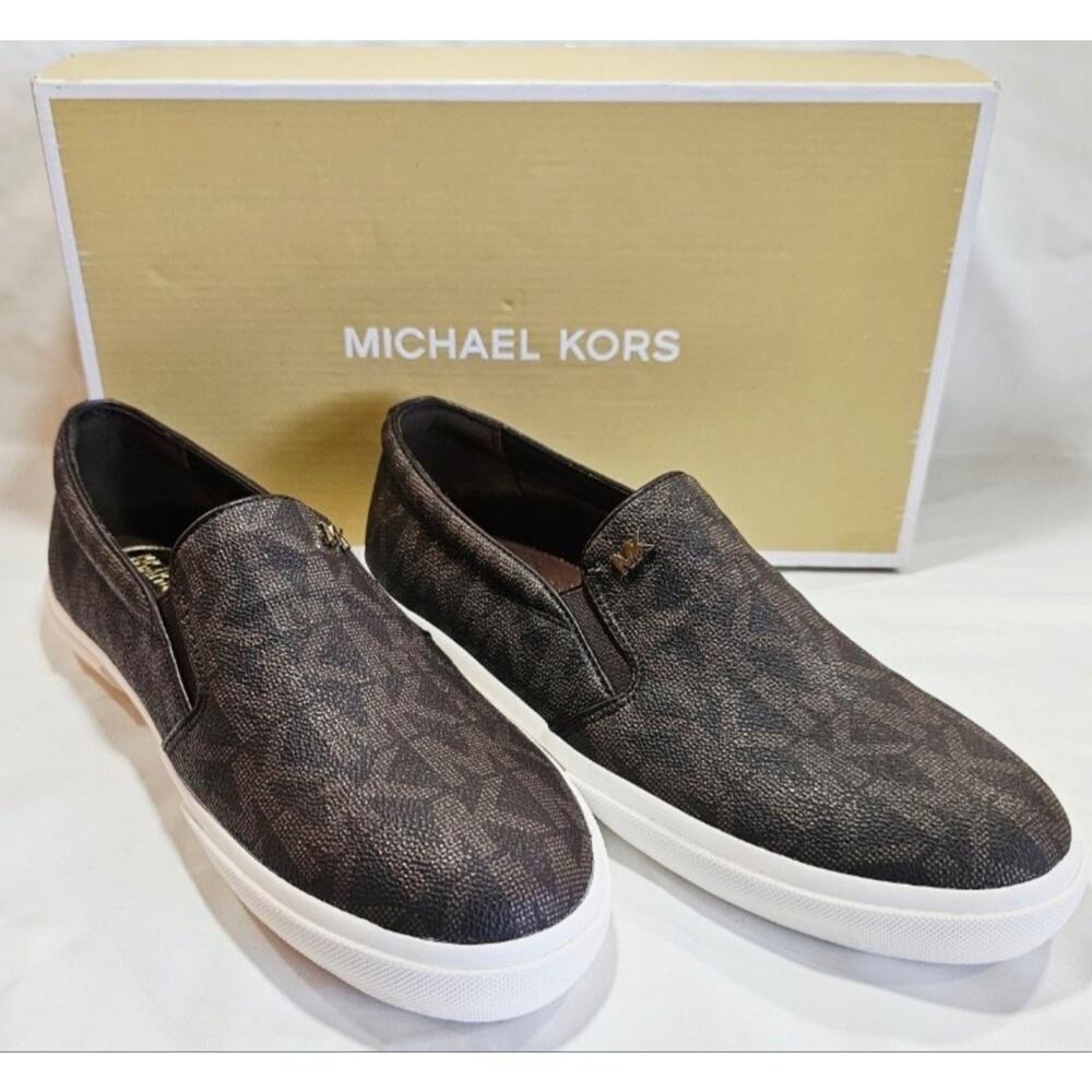 MICHAEL KORS Women's Boerum MK Signature PVC Brown Logo Slip-On Shoes Sz 8M